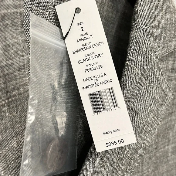 NEW Theory Minou T Linen Blend Blazer, Sharkskin Crunch, Black and Ivory